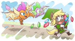 Size: 1100x600 | Tagged: safe, artist:thegreatrouge, character:quarter hearts, character:smolder, character:spike, species:anthro, species:dragon, baby, baby dragon, chase, clothing, cute, dragoness, elf hat, female, flying, gem, hat, hilarious, link, link's hat, link's tunic, male, ponified, quarterbetes, running, rupee, smolderbetes, spikabetes, the legend of zelda, tongue out, winged spike, wings