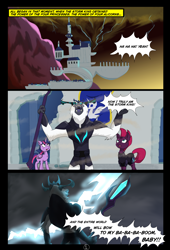 Size: 4750x7000 | Tagged: safe, artist:chedx, character:storm king, character:tempest shadow, character:twilight sparkle, character:twilight sparkle (alicorn), species:alicorn, species:pony, species:unicorn, comic:the storm kingdom, my little pony: the movie (2017), absurd resolution, alternate universe, bad end, broken horn, comic, empire, eye scar, general tempest shadow, looking up, scar, speech, staff, storm, storm kingdom