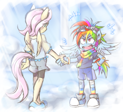 Size: 1400x1270 | Tagged: safe, artist:thegreatrouge, character:fluttershy, character:rainbow dash, species:anthro, species:plantigrade anthro, ambiguous facial structure, bandage, bandaid, clothing, cloudsdale, converse, female, goggles, handshake, looking at each other, no nose, open mouth, scarf, shoes, shorts, wings, wristband, younger