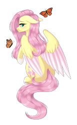 Size: 1817x2956 | Tagged: safe, artist:ohhoneybee, character:fluttershy, species:pegasus, species:pony, butterfly, colored wings, colored wingtips, female, floppy ears, looking away, looking back, mare, rear view, simple background, sitting, solo, three quarter view, transparent background