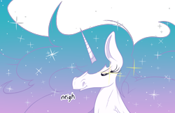 Size: 1278x828 | Tagged: safe, artist:dragonpone, derpibooru original, character:princess celestia, species:alicorn, species:pony, :t, bust, descriptive noise, dialogue, eyes closed, female, hoers, horse, horse noises, impossibly large hair, majestic as fuck, mare, neigh, portrait, princess celestia is a horse, simple background, smiling, smirk, solo, sparkles, transparent background, vein bulge