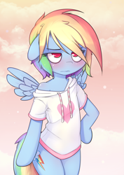 Size: 2829x4000 | Tagged: safe, artist:hoodie, character:rainbow dash, species:pegasus, species:pony, bipedal, blushing, clothing, cloud, cute, dashabetes, female, heart, high res, hoodie, semi-anthro, shirt, solo, wings
