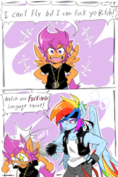 Size: 800x1200 | Tagged: safe, artist:thegreatrouge, character:rainbow dash, character:scootaloo, species:anthro, species:pegasus, species:pony, abuse, clothing, comic, dialogue, hand on hip, hypocritical humor, jacket, jewelry, leather jacket, necklace, oof, scootabuse, slap, speech bubble, swirly eyes, vulgar, wings