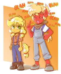 Size: 700x850 | Tagged: safe, artist:thegreatrouge, character:applejack, character:big mcintosh, species:anthro, species:earth pony, species:plantigrade anthro, species:pony, blah, blah blah blah, brother and sister, clothing, eyes closed, female, freckles, male, overalls, suspenders, teenage applejack, teenager, younger