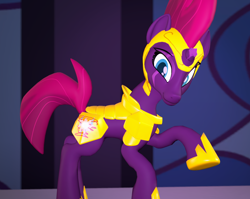 Size: 1360x1080 | Tagged: safe, artist:pika-robo, character:fizzlepop berrytwist, character:tempest shadow, my little pony: the movie (2017), 3d, alternate ending, armor, female, much better, royal guard, smiling, solo, source filmmaker, tempest becomes a royal guard