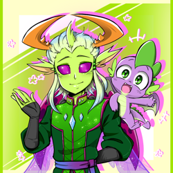 Size: 800x800 | Tagged: safe, artist:thegreatrouge, character:spike, character:thorax, species:anthro, species:changeling, species:dragon, species:human, species:reformed changeling, baby, baby dragon, clothing, cute, elf ears, fangs, green eyes, horned humanization, humanized, looking at you, male, smiling, spikabetes, stars, thorabetes, waving, winged spike, wings