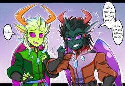 Size: 1300x900 | Tagged: safe, artist:thegreatrouge, character:pharynx, character:prince pharynx, character:thorax, species:anthro, species:changeling, species:reformed changeling, brothers, changedling brothers, clothing, dialogue, male, open mouth, speech bubble