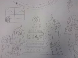 Size: 2048x1536 | Tagged: safe, artist:supahdonarudo, derpibooru original, character:fleur-de-lis, character:minuette, character:princess celestia, character:queen novo, character:sweetie belle, oc, oc:ironyoshi, species:classical hippogriff, species:hippogriff, my little pony: the movie (2017), balloon, banner, cake, candle, celebration, decoration, food, happy birthday mlp:fim, looking out the window, magic 8 ball, mlp fim's eighth anniversary, monochrome, traditional art