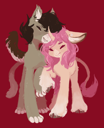 Size: 1280x1576 | Tagged: safe, artist:aphphphphp, oc, oc only, oc:tarot, oc:xor, species:classical unicorn, species:pony, species:sphinx, species:unicorn, cloven hooves, couple, cuddling, cute, ear piercing, female, floppy ears, fluffy, hooves, interspecies, leonine tail, long tail, male, mare, oc x oc, piercing, romantic, shipping, simple background, smiling, snuggling, sphinx oc, straight, taror, unshorn fetlocks, wings