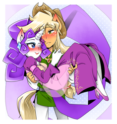 Size: 850x900 | Tagged: safe, artist:thegreatrouge, character:applejack, character:rarity, species:anthro, species:pony, ship:rarijack, anime, clothing, cowboy hat, cute, dawwww, dress, female, hat, jackabetes, lesbian, mare, raribetes, shipping, stetson