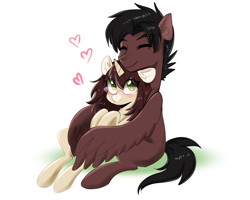 Size: 2500x2000 | Tagged: safe, artist:kaikururu, oc, oc only, oc:cinnamon fawn, oc:sovereign ashes, species:pegasus, species:pony, species:unicorn, black hair, blushing, brown hair, couple, cuddling, duo, eyes closed, female, glasses, green eyes, happy, heart, hug, hug from behind, long hair, male, mare, pair, short hair, simple background, smiling, stallion, white background, winghug