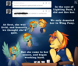 Size: 1280x1086 | Tagged: safe, artist:spittfireart, character:lightning dust, character:spitfire, species:pegasus, species:pony, alternate universe, chair, clothing, comic, desk, duo, eyes closed, female, mare, necktie, sunglasses, text, tumblr, uniform, what could have been, wonderbolt trainee uniform, wonderbolts dress uniform, wonderbolts uniform