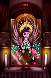 Size: 3377x5120 | Tagged: safe, artist:darksly, character:princess cadance, species:alicorn, species:pony, altar, candle, crystal heart, female, fire, holding, hoof shoes, painting, solo