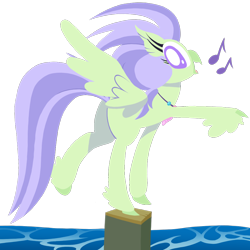 Size: 1000x1000 | Tagged: safe, artist:dragonpone, derpibooru original, character:laguna, species:classical hippogriff, species:hippogriff, episode:surf and/or turf, g4, my little pony: friendship is magic, background hippogriff, balancing, cute, feathered fetlocks, female, jewelry, lineless, looking at you, looking back, music notes, necklace, open mouth, quadrupedal, raised hoof, raised leg, simple background, smiling, solo, spread wings, transparent background, water, wings