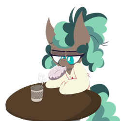 Size: 1000x1000 | Tagged: safe, artist:dragonpone, derpibooru original, character:minty mocha, species:earth pony, species:pony, episode:the parent map, g4, bags under eyes, bathrobe, clothing, coffee, donut, female, food, freckles, lidded eyes, lineless, mare, mouth hold, robe, simple background, solo, steam, table, tired, transparent background