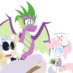 Size: 1000x1000 | Tagged: safe, artist:dragonpone, derpibooru original, character:nurse redheart, character:skellinore, character:spike, oc, parent:spike, species:dracony, species:dragon, species:earth pony, species:pony, episode:the break up break down, adult, adult spike, baby, bed, bipedal, blanket, bone, boots, claws, confused, crying, cutie mark, dialogue, dragon bones, dragon wings, ear fluff, female, freckles, happy, hooves, horns, hospital bed, hybrid, lineless, male, mare, neckerchief, newborn, offspring, older, older spike, parent:skellinore, parents:dragon bones, shipping, shoes, shoulder freckles, simple background, skeleton, skeleton pony, smiling, spread wings, straight, swaddling, tears of joy, teary eyes, transparent background, wat, winged spike, wings