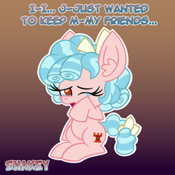Size: 768x768 | Tagged: safe, artist:snakeythingy, character:cozy glow, species:pony, episode:school raze, g4, my little pony: friendship is magic, season 8, alternate universe, crying, dialogue, female, filly, gradient background, headcanon, solo, story included, tears of sadness, woobie