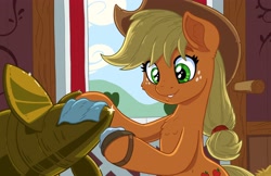 Size: 4096x2650 | Tagged: safe, artist:latecustomer, character:applejack, species:earth pony, species:pony, barn, clothing, cowboy hat, cute, female, guardians of harmony, hat, jackabetes, jetpack, mare, polishing, propeller, smiling, solo, toy, toy interpretation