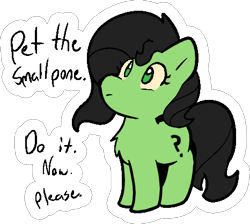 Size: 466x417 | Tagged: safe, artist:zutcha, edit, oc, oc only, oc:filly anon, species:earth pony, species:pony, bronybait, chest fluff, cute, do it now, female, filly, looking at you, looking up, no pupils, ocbetes, outline, pet request, pone, simple background, smol, solo, text, touch the cow, transparent background, wide eyes
