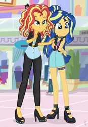 Size: 1660x2390 | Tagged: safe, artist:ilaria122, character:curly winds, character:sunset shimmer, oc, oc:shining swirls, parent:flash sentry, parent:sunset shimmer, parents:flashimmer, my little pony:equestria girls, canterlot mall, choker, clothing, curly winds, denim skirt, geode of empathy, high heels, jacket, jewelry, leather jacket, leather leggings, magical geodes, mama sunset, miniskirt, necklace, next generation, offspring, older sunset, shirt, shoes, shopping, short hair, simple background, skirt, smiling, some blue guy, spiked choker, spiked headband