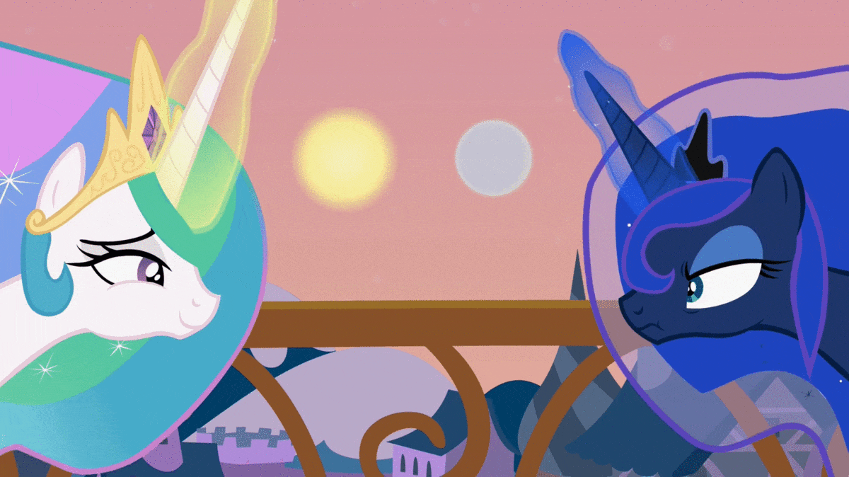 Size: 1200x674 | Tagged: safe, artist:forgalorga, character:princess celestia, character:princess luna, species:alicorn, species:pony, angry, animated, balcony, cute, eclipse, female, gif, grin, luna is not amused, mare, moon, night, royal sisters, sisters, smiling, solar eclipse, sun, unamused, youtube link