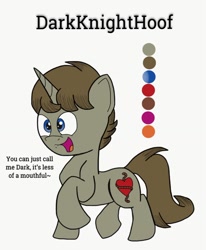Size: 1056x1283 | Tagged: safe, artist:darkknighthoof, oc, oc only, oc:darkknighthoof, species:pony, species:unicorn, fangs, male, open mouth, raised hoof, reference sheet, simple background, solo, stallion, white background