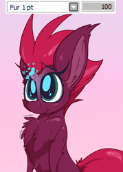 Size: 1000x1400 | Tagged: safe, artist:dragonpone, derpibooru original, character:fizzlepop berrytwist, character:tempest shadow, species:pony, species:unicorn, blushing, broken horn, cheek fluff, chest fluff, cute, ear fluff, female, gradient background, heart, horn, impossibly large chest fluff, magic, mare, paint tool sai, smiling, solo, tempestbetes