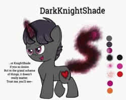 Size: 1310x1040 | Tagged: safe, artist:darkknighthoof, oc, oc only, oc:darkknightshade, species:pony, species:unicorn, bedroom eyes, fangs, glowing horn, male, open mouth, raised hoof, reference sheet, simple background, solo, stallion, white background