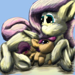 Size: 1584x1584 | Tagged: safe, artist:firefanatic, character:fluttershy, character:scootaloo, species:pegasus, species:pony, crossed hooves, cute, cutealoo, fluttermom, folded wings, leg hold, looking at each other, prone, scootalove, shyabetes, smiling, snuggling, wings