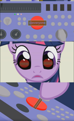 Size: 1080x1769 | Tagged: safe, artist:forgalorga, editor:apex soundwave, character:twilight sparkle, species:pony, @everyone, big red button, discord (software), female, mare, meme, solo
