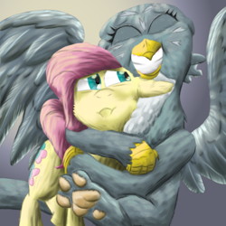 Size: 1584x1584 | Tagged: safe, artist:firefanatic, character:fluttershy, character:gabby, species:griffon, species:pony, :i, adorable distress, big grin, chest fluff, concerned, cute, gabbybetes, grin, hug, paws, smiling, spread wings, underpaw, wings