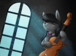 Size: 1355x1000 | Tagged: safe, artist:lightning-stars, character:octavia melody, species:earth pony, species:pony, bipedal, cello, dust motes, eyes closed, female, mare, musical instrument, playing, solo, window