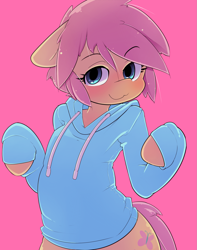 Size: 1665x2115 | Tagged: safe, artist:hoodie, character:fluttershy, blushing, butterscotch, clothing, hoodie, rule 63, semi-anthro, smiling, solo, sweater