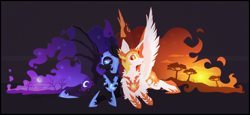 Size: 2600x1200 | Tagged: safe, artist:tenebristayga, character:daybreaker, character:nightmare moon, character:princess celestia, character:princess luna, species:alicorn, species:pony, armor, bat wings, crescent moon, crossed hooves, dead tree, duo, female, mane of fire, mare, moon, simple background, stars, sun, tree, wings