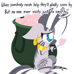 Size: 1000x1000 | Tagged: safe, artist:dragonpone, derpibooru original, character:zecora, species:pony, species:zebra, episode:molt down, g4, my little pony: friendship is magic, cauldron, comfort eating, comic, crying, cute, cutie mark, dialogue, ear piercing, earring, eating, female, floppy ears, food, hoof hold, ice cream, jewelry, lineless, mare, neck rings, open mouth, piercing, quadrupedal, sad, sadorable, simple background, sitting, solo, spoon, transparent background, unshorn fetlocks, wavy mouth, zecorable
