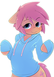 Size: 1665x2361 | Tagged: safe, artist:hoodie, character:fluttershy, blushing, butterscotch, clothing, femboy, hoodie, it's a trap, male, misleading thumbnail, rule 63, semi-anthro, simple background, smiling, solo, sweater, transparent background, trap