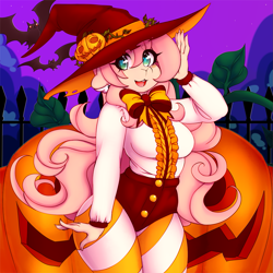 Size: 1417x1417 | Tagged: safe, artist:tolsticot, oc, oc only, oc:aime, species:anthro, species:bat, species:deer, species:human, barely pony related, clothing, female, halloween, hat, holiday, jack-o-lantern, original species, pumpkin, socks, solo, striped socks, witch hat