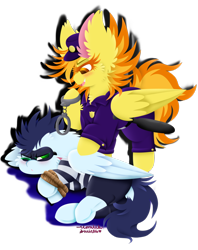 Size: 1024x1293 | Tagged: safe, artist:vanillaswirl6, character:soarin', character:spitfire, species:pegasus, species:pony, arrested, badge, baton, big ears, clothing, costume, criminal, cuffs, cute, cute little fangs, dock, duo, fangs, halloween, halloween costume, hat, hooves tied, mask, police uniform, rope, signature, simple background, tied up, transparent background, underhoof