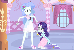 Size: 2120x1450 | Tagged: safe, artist:ilaria122, character:rarity, oc, oc:sapphire blue, parent:fancypants, parent:rarity, parents:raripants, my little pony:equestria girls, alternate hairstyle, belt, boots, bracelet, cardigan, carousel boutique, choker, clothing, dress, eyeshadow, flower, flower in hair, hairclip, high heel boots, high heels, jewelry, lipstick, makeup, mama rarity, next generation, offspring, older, older rarity, sewing, sewing needle, shirt, shoes, simple background, skirt