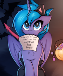 Size: 837x1000 | Tagged: safe, artist:twiren, character:princess luna, species:bat, species:pony, :3, cat ears, chest fluff, clothing, cute, devil tail, fangs, female, filly, halloween, holiday, mouth hold, nightmare night, socks, woona, younger