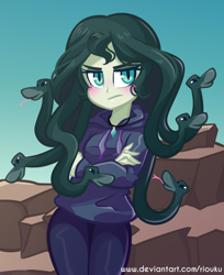 Size: 800x978 | Tagged: safe, artist:riouku, oc, oc only, oc:medusa, my little pony:equestria girls, blushing, clothing, commission, crossed arms, equestria girls-ified, female, gorgon, hoodie, medusa, pants, snake, solo