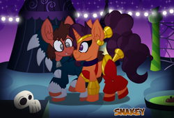 Size: 1130x768 | Tagged: safe, artist:snakeythingy, character:saffron masala, oc, oc:sketchy dupe, clothing, cosplay, costume, crossover, genie, halloween, holiday, looking at each other, nightmare night, nightmare night costume, shantae, shantae (character), sketchffron, sonic the hedgehog (series), sonic the werehog, story included