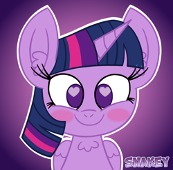 Size: 778x768 | Tagged: safe, artist:snakeythingy, character:twilight sparkle, character:twilight sparkle (alicorn), species:alicorn, species:pony, blushing, bookhorse, cute, female, gradient background, heart, heart eyes, looking at you, solo, twiabetes, twinkle sprinkle, wingding eyes