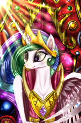 Size: 3360x5120 | Tagged: safe, artist:darksly, character:princess celestia, species:alicorn, species:pony, commission, crown, female, mare, peytral, regalia, reward, solo, throne, wings