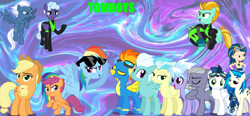 Size: 13640x6344 | Tagged: safe, artist:jawsandgumballfan24, character:applejack, character:cloudchaser, character:dj pon-3, character:fleetfoot, character:high winds, character:indigo zap, character:lightning dust, character:limestone pie, character:misty fly, character:night glider, character:rainbow dash, character:rolling thunder, character:scootaloo, character:spitfire, character:vinyl scratch, species:earth pony, species:pegasus, species:pony, species:unicorn, episode:the washouts, g4, my little pony: friendship is magic, my little pony:equestria girls, absurd resolution, clothing, female, mare, tomboy, uniform, washouts uniform, wings, wonderbolts uniform