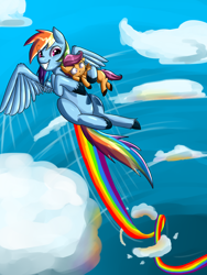 Size: 1350x1800 | Tagged: safe, artist:annakitsun3, character:rainbow dash, character:scootaloo, species:pegasus, species:pony, carrying, flying, rainbow, scared, scootalove, unshorn fetlocks