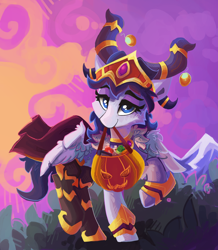 Size: 900x1034 | Tagged: safe, artist:saxopi, oc, oc only, oc:graceful motion, species:pegasus, species:pony, alexstrasza, clothing, cosplay, costume, crown, female, halloween, holiday, jewelry, looking at you, mare, mountain, pumpkin bucket, regalia, smiling, warcraft
