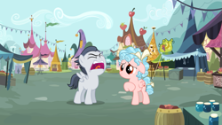 Size: 1185x667 | Tagged: safe, artist:jawsandgumballfan24, character:cozy glow, character:rumble, species:pegasus, species:pony, season 8, angry, colt, cozybuse, eyes closed, female, filly, foal, male, ponyville, ponyville market, sad, yelling
