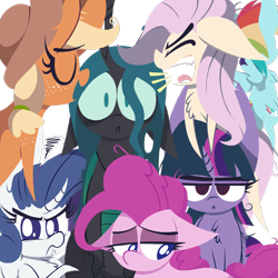 Size: 1000x1000 | Tagged: safe, artist:dragonpone, derpibooru original, character:fluttershy, character:mean applejack, character:mean fluttershy, character:mean pinkie pie, character:mean rainbow dash, character:mean rarity, character:mean twilight sparkle, character:queen chrysalis, character:rainbow dash, species:alicorn, species:changeling, species:earth pony, species:pegasus, species:pony, species:unicorn, episode:the mean 6, g4, my little pony: friendship is magic, :<, :c, angry, annoyed, argument, bags under eyes, bipedal, bipedal leaning, changeling queen, chest fluff, clone, clone six, confused, crossed arms, crossed hooves, curved horn, eyes closed, facing away, fangs, female, floppy ears, flying, former queen chrysalis, freckles, frown, glare, horn, i'm surrounded by idiots, leaning, lidded eyes, lineless, looking at you, looking down, mare, mommy chrissy, open mouth, pouting, prone, regret, sad, sharp teeth, shoulder freckles, shrunken pupils, simple background, sitting, smiling, spread wings, teeth, tongue out, transparent background, unamused, underhoof, wall of tags, wide eyes, wings, yelling