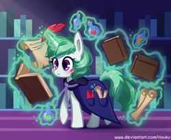Size: 800x654 | Tagged: safe, artist:riouku, character:clover the clever, species:pony, species:unicorn, blushing, book, cape, clothing, feather, female, magic, mare, paper, shelf, smiling, solo, telekinesis, writing